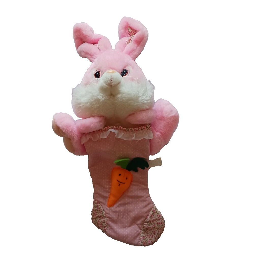 Vintage Happiness Aid Pink Bunny Rabbit Plush Easter Stocking‎ 16" Carrot 1985